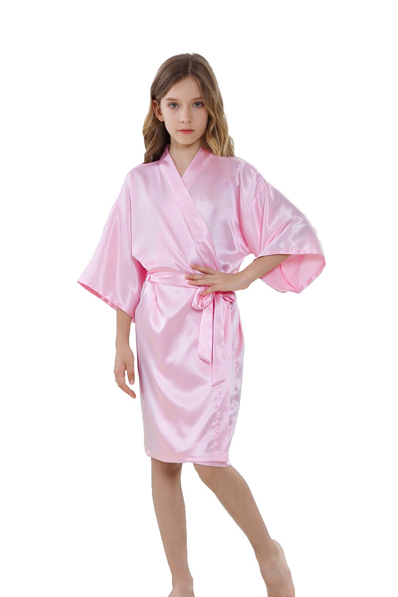 ALHAVONE Girl's Kid's Silky Satin Solid Color Short Kimono Robe for Wedding Birthday Party Spa (Pink, 8) - Image 1